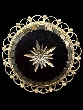 925 Sterling Silver Mexico Carved Hematite Brooch Pendant Filigree Vintage